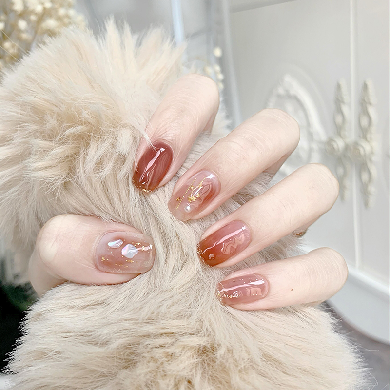 <穿戴美甲>指甲貼片氣質顯白琥珀冰透紅茶棕美甲成品 假指甲貼片持久可穿戴