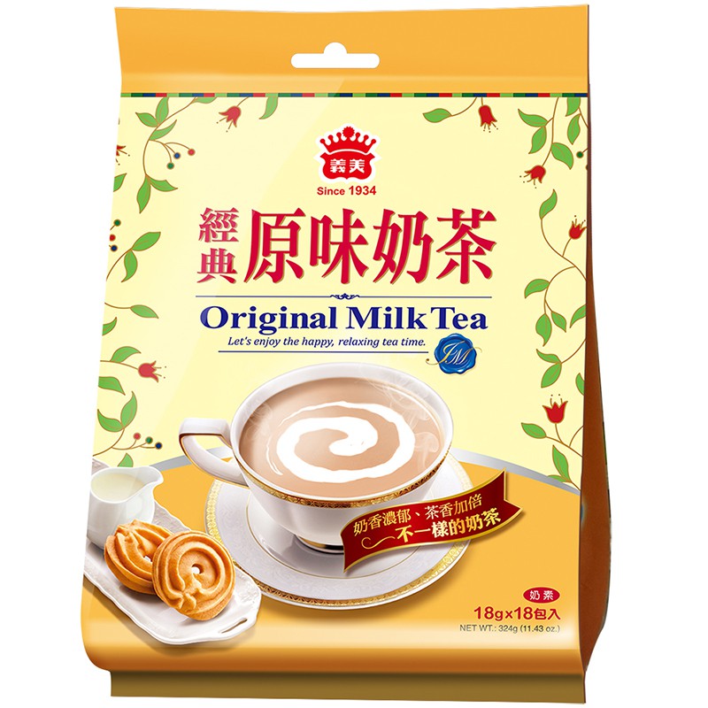 茶香加倍★品味不一樣的鮮奶茶★100%台灣製造，品質最安心【商品規格】1. 品牌：義美2. 內容物/規格：義美經典原味奶茶18gx18入3. 保存期限：365天 (請保存於陰涼乾燥處, 避免陽光直接曝