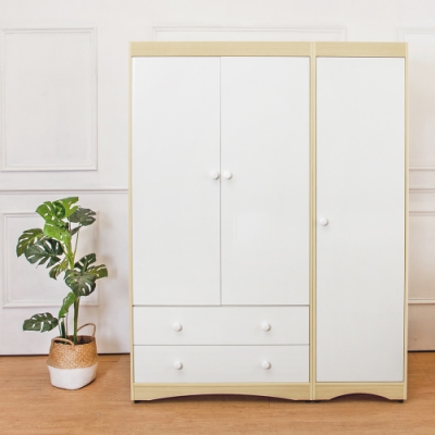 Birdie南亞塑鋼-4.7尺三門二抽塑鋼衣櫃-二吊桿-白橡+白-143x58x190cm