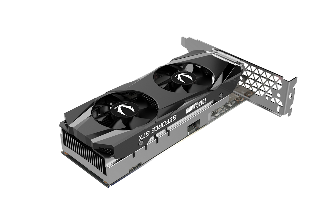 ▲ GAMING GeForce GTX 1650 窄版顯示卡需要佔去 2 個介面卡插槽厚度，散熱裝置採用鋁擠鰭片與 2 個 40mm 風扇，無須加裝 PCIe 輔助電源。