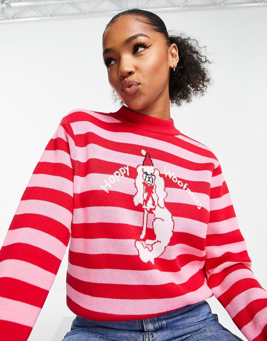 Monki Christmas dog knitted jumper in pink and red stripe-Multi