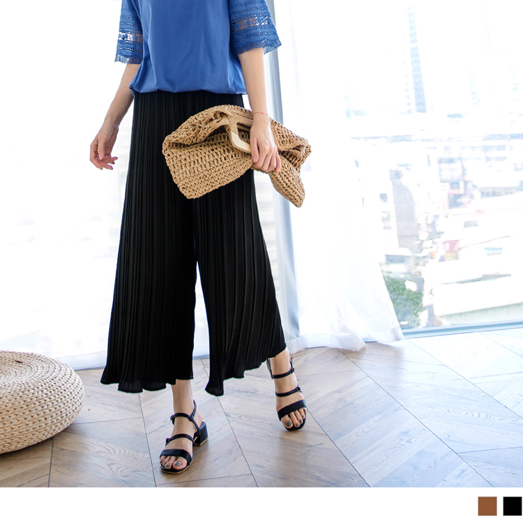 純色百褶飄逸厚雪紡飄逸寬褲