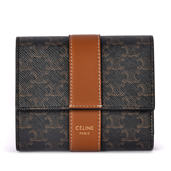 CELINE Triomphe滿版老花帆布拼接小羊皮短夾(棕咖)110223-1