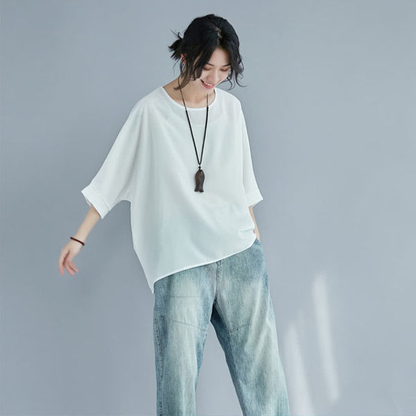 簡約寬鬆純色百搭蝙蝠袖雪紡上衣102221#現貨 預購(3色)
