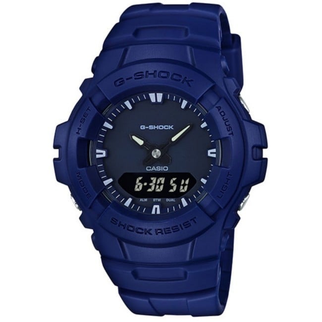 預計出貨日2-5天 G-SHOCK G-100CU軍事風格雙顯設計腕錶-軍藍(G-100CU-2A) <商品特色> ◆代理商公司貨 ◆耐衝擊構造 ◆Neobrite夜光指針 ◆防水200米 ◆型號：G