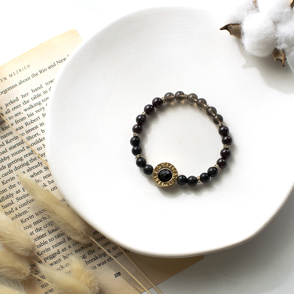 能量手鍊【守護者】黑曜石茶晶石榴石黑瑪瑙手鍊