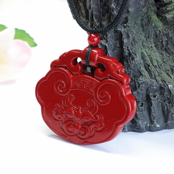 墜子天然原礦朱砂吊墜護身符男女項鍊配飾紫金砂中獸頭平安鎖掛件