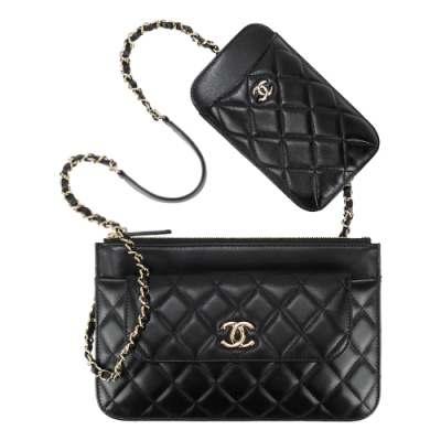 CHANEL Clutch With Chain 小羊皮金屬鍊帶菱格紋三合一肩背包(黑)