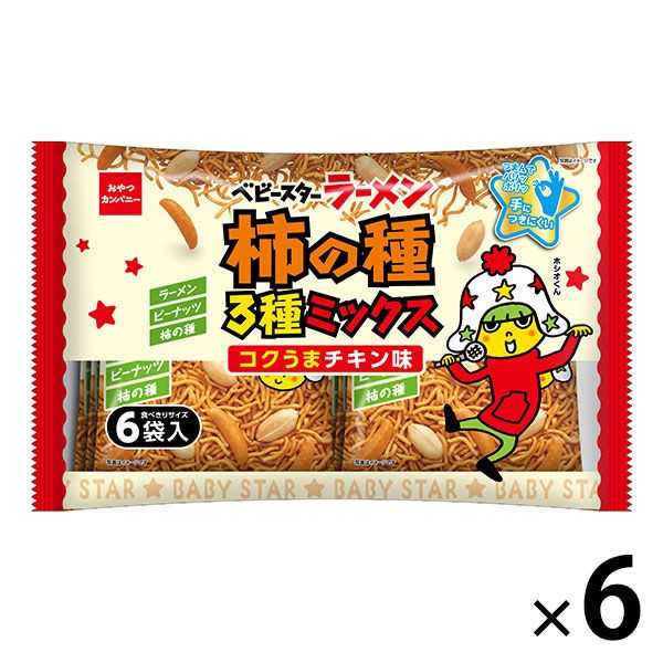 Baby Star的經典雞汁點心麵結合花生、柿種化身為綜合米菓 可以同時享受3種不同口感商品重量:864公克內容物:一袋6包，6袋裝產地: 日本營養標示: 熱量：113kcal，蛋白質：2.4g，脂肪