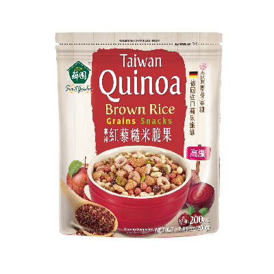 ．不添加香料、色素，以最純淨的食材，給你日本暢銷麥片一樣的口感 添加異麥芽寡醣、德國蘋果纖維，腸道益菌的營養好來源 台灣紅藜搭配南美藜麥，兩大營養穀物搭配酥脆糙米果，每天必備的元氣健康穀物