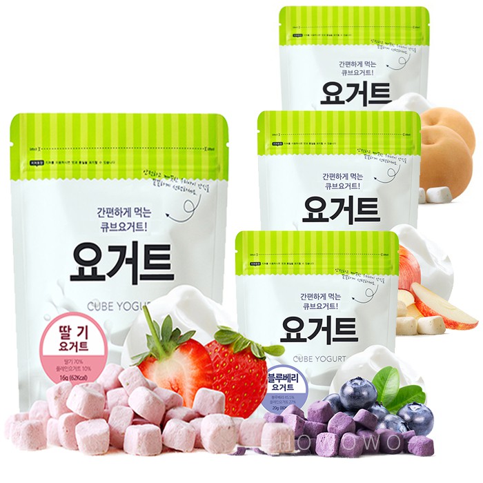 韓國 米餅村 乳酸菌優格球，四種口味：草莓、蘋果、藍莓、水梨1. 含有18億優質乳酸菌，輕鬆補充寶寶每日所需乳酸菌2. 來自優格的優質蛋白質！經急速冷凍鎖住營養和乳酸菌3. 立體的形狀，寶寶容易抓取，