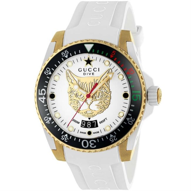 Gucci 古吉 YA136322 Gucci Dive系列 貓咪刻紋運動腕錶 / 白面 40mm