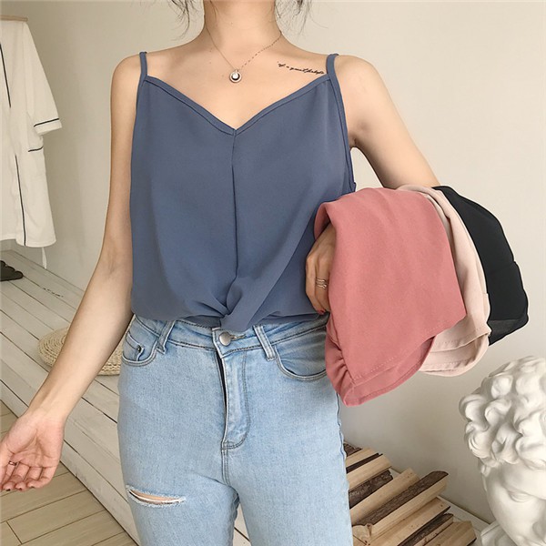 免運 現貨新款甜美淑女素面簡約小清新寬鬆顯瘦學院風打結V領吊帶背心短款韓版上衣