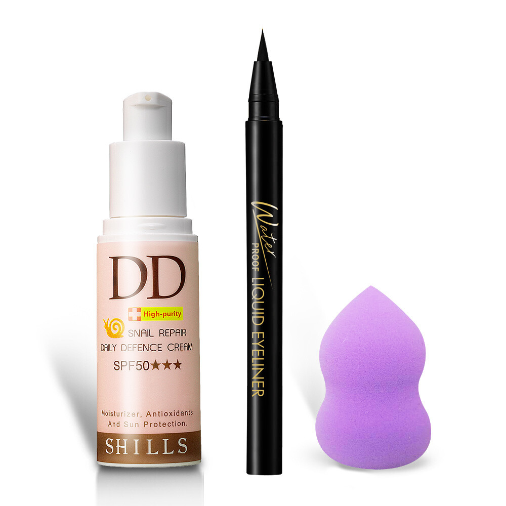 眼線液 : 彈力氣墊筆芯，筆觸柔軟易掌控，粗細隨心，一筆勾勒飛揚眼線，初學者也能掌控自如防水防汗、持久不易暈染，打造迷人眼妝。 成份： 蝸牛DD霜 : 蝸牛萃取、蜂蜜萃取、八胜肽、氧化鋅、二氧化鈦、聚