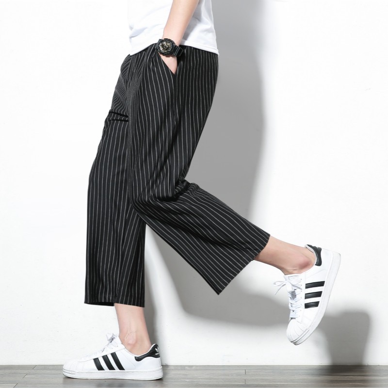 大碼條紋闊腿褲男韓版寬鬆休閑褲男寬褲八分褲