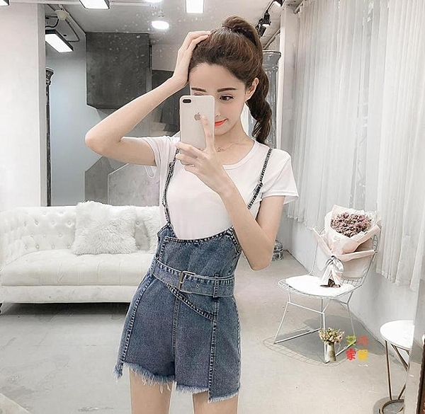 20春夏新款吊帶短褲套裝洋氣減齡大尺碼胖mm高腰吊帶牛仔褲女