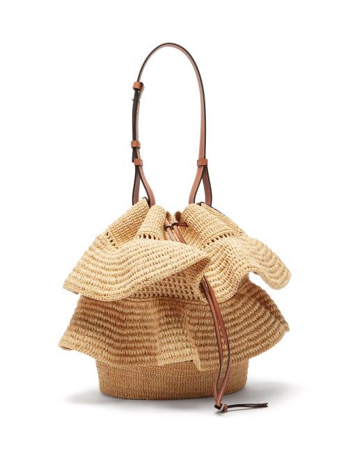 Loewe Paula's Ibiza - Balloon Ruffled-raffia And Leather Shoulder Bag - Womens - Beige