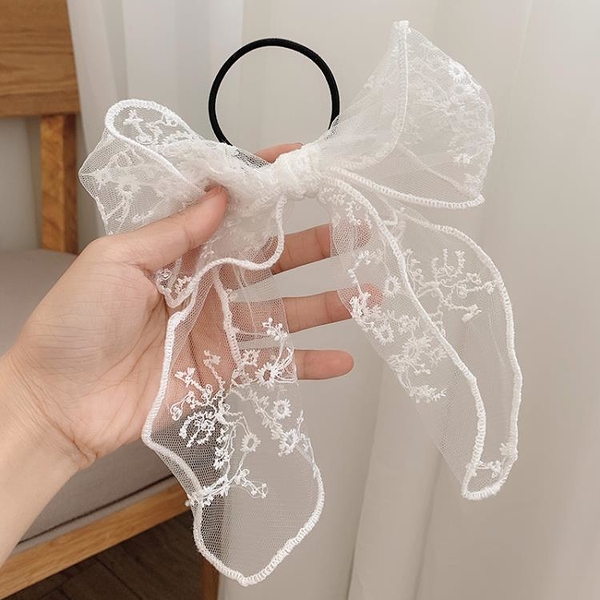 sppgge ONE~仙女森系蕾絲蝴蝶結髮帶綁髮超長飄帶髮圈簡約復古花朵法式髮繩