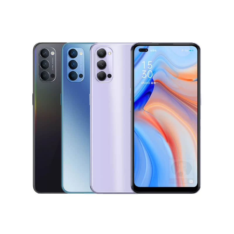 OPPO Reno4 配置6.4 吋2400 x 1080pixels 解析度AMOLED 螢幕，螢幕左上角設有雙前置鏡頭挖孔，螢幕占比達90.7%，支援96% NTSC 色域