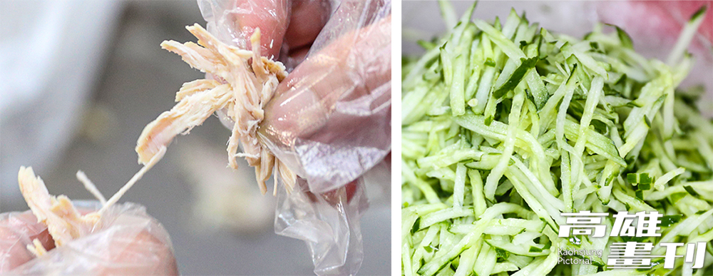 涼麵裡搭配小黃瓜、紅蘿蔔、雞肉都要切成細絲，並堅持講究手工製程。(攝影/Carter)