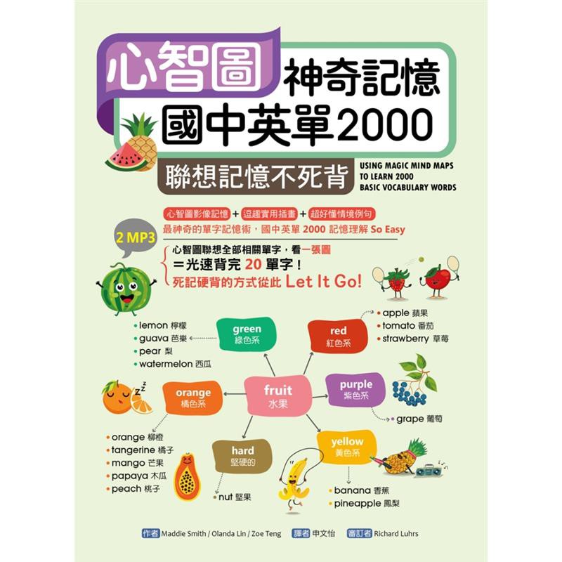 圖解聯想串聯與它關聯的主題，將整個學習主題單字內容組成圖像化的網絡，以視覺強烈衝擊記憶，一張心智圖有意義串起20個單字，讓你一個接一個，自動背個不停！書中參考國中小英語課綱分類，將單字分為30章、13