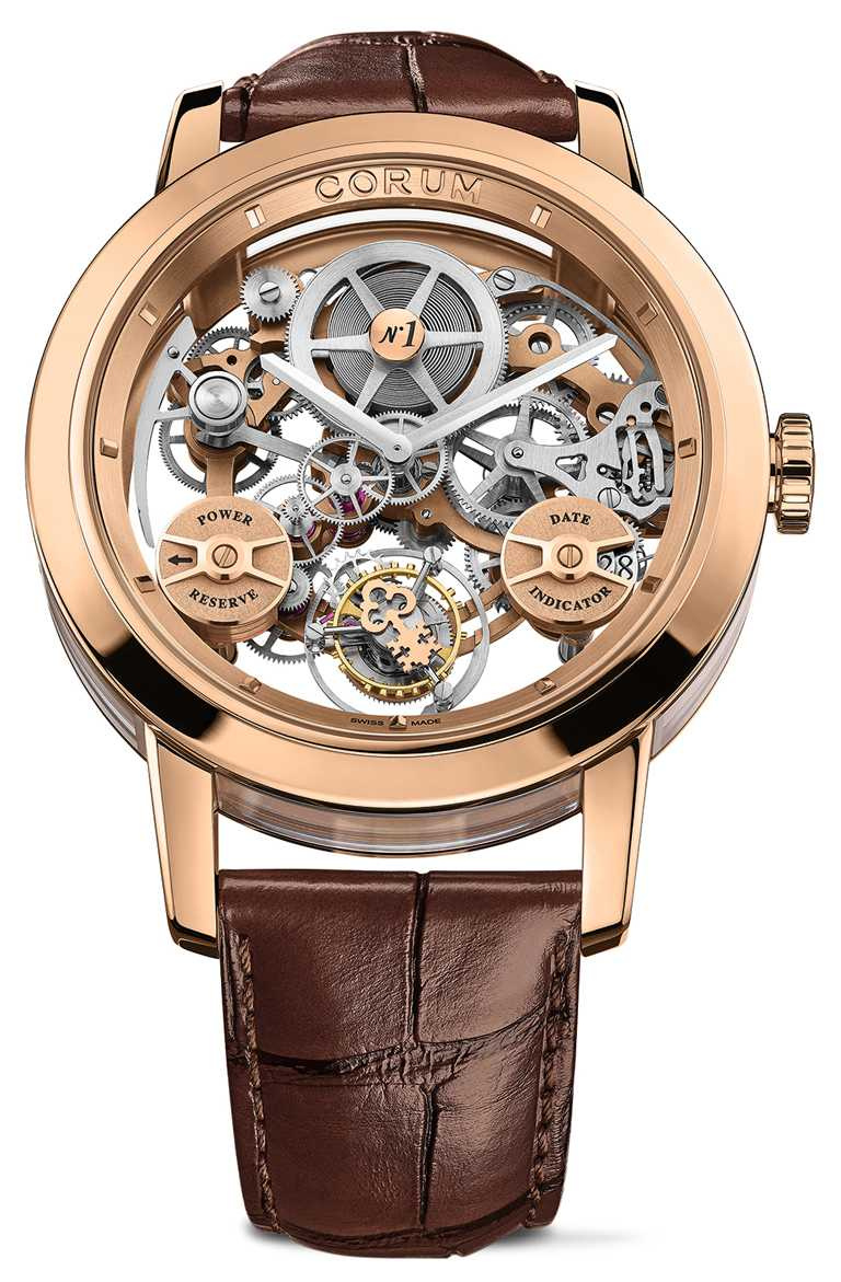 CORUM「LAB 02系列」飛行陀飛輪限量腕錶，宛如漂浮在空中的機械城市，細緻且相互連動的複雜零件，打造出具有穩定節奏的精密運轉。（圖╱CORUM提供）
