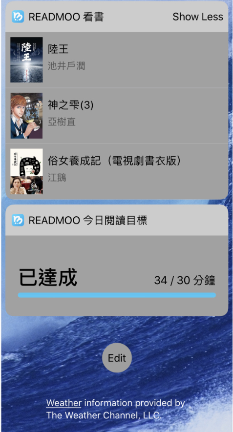 iOS版支援Widgets小工具：使用者可以在手機螢幕上看到最近閱讀的三本書，以及是否達成今天的閱讀目標。 