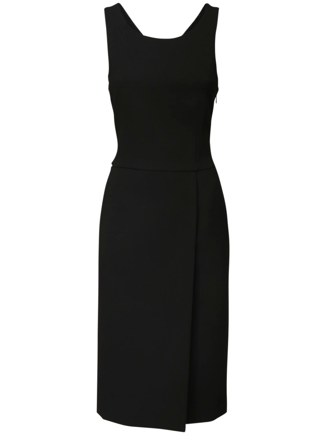 Round neckline. Sleeveless. Concealed side zip closure. Cutout back detail. Fitted waist. Front thig