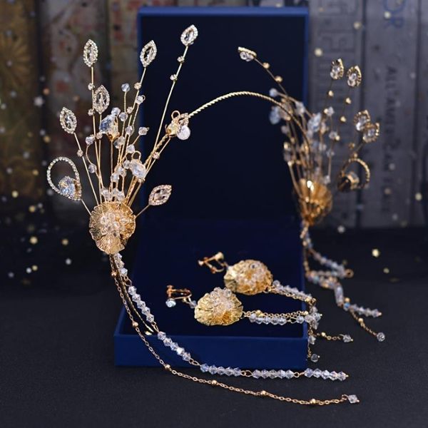618年㊥大促 2019新款新娘頭飾韓式超仙發箍金色手工皇冠耳環發飾結婚禮服飾品