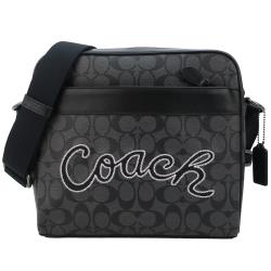COACH新款C LOGO防刮皮革簽名男用拉鍊斜背包(黑)