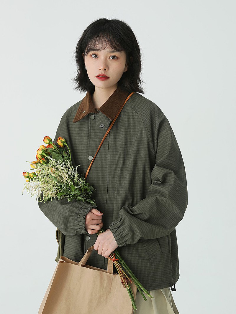 綠色暗格紋 復古燈芯絨廓形撞色領休閒外套 寬鬆中性上衣 M-2XL