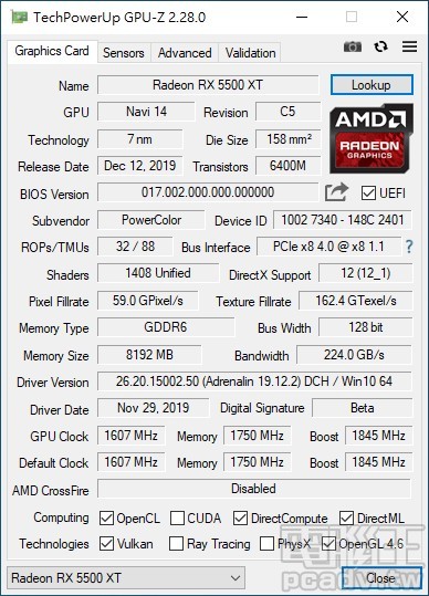 GPU-Z 所提供的 Red Dragon RX5500XT 8GB GDDR6 相關資訊。