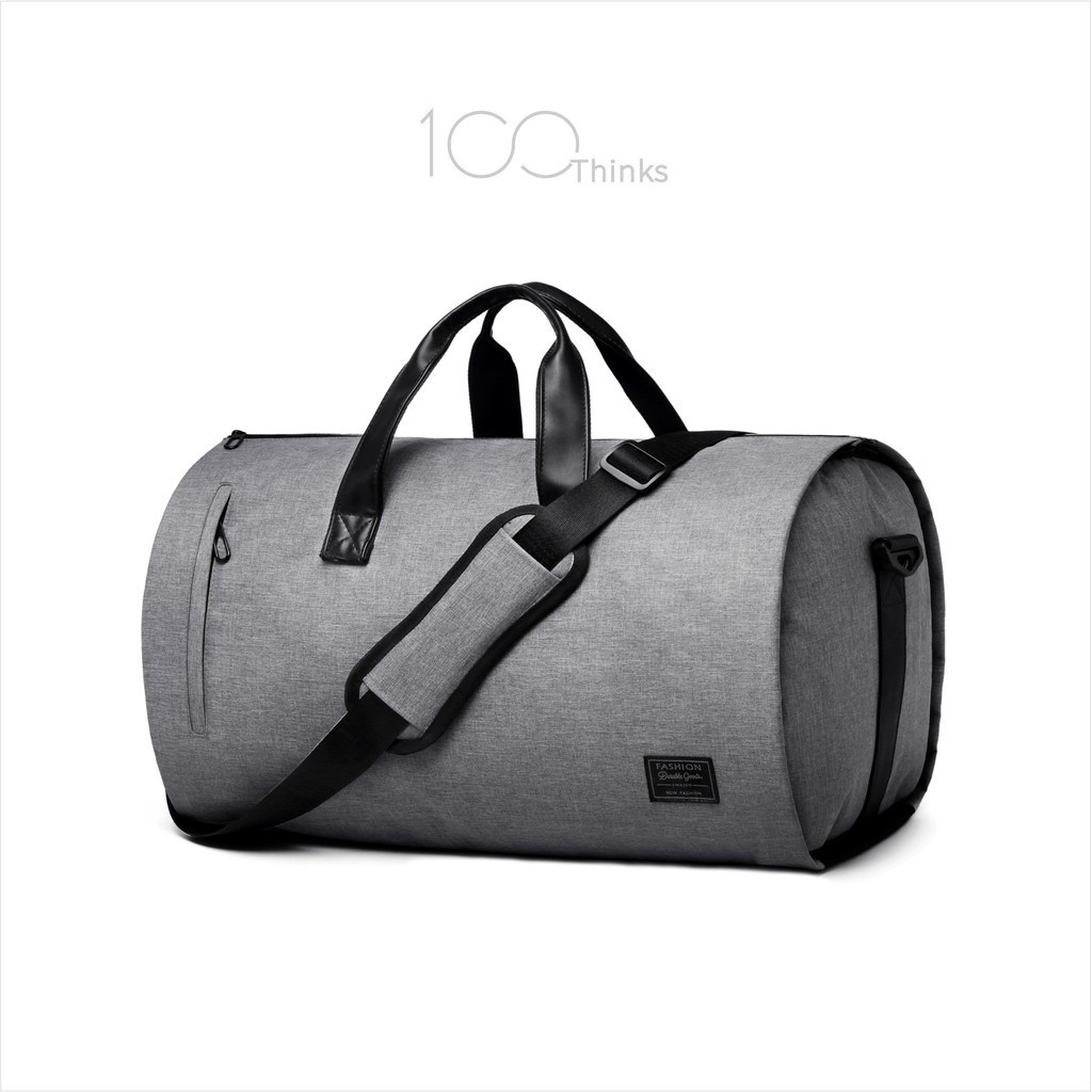 - 品名：100Thinks 大容量旅行運動兩用收納包-尺寸：51cmx30cmx31cm-顏色：灰色-材質：帆布-規格：長型拉鍊領帶袋x1、衣物掛扣孔x1、衣服袋x1、拉鍊儲物袋大x1、拉鍊儲物袋小
