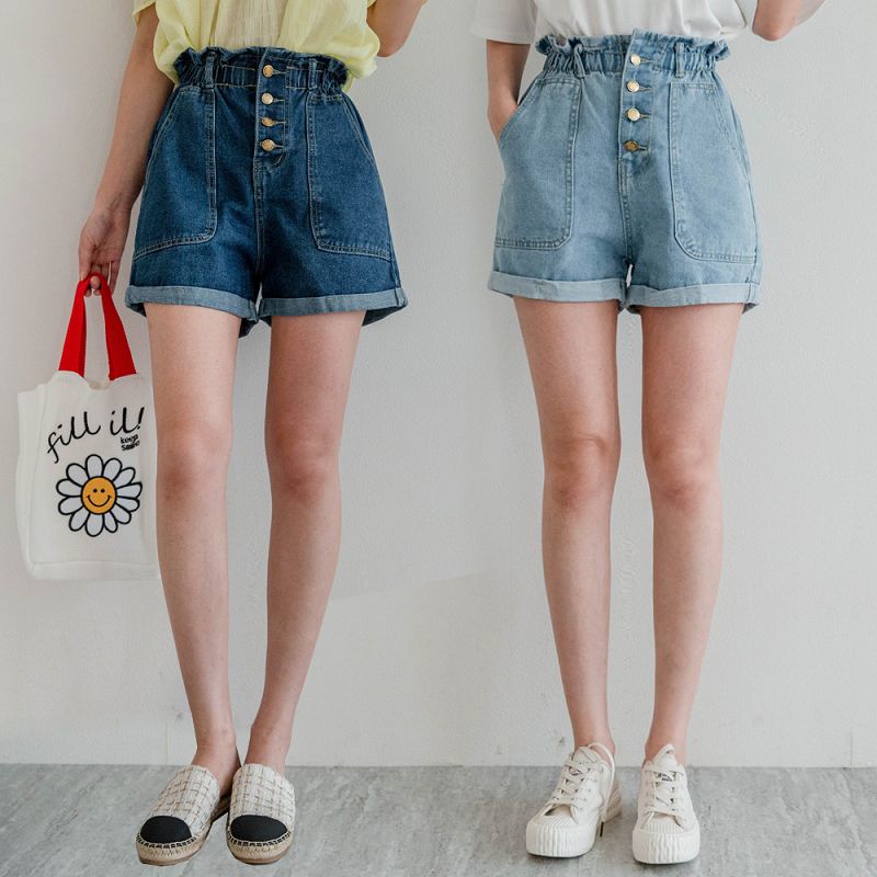 ★現折100★原價450現折100-$350★miustar 鬆緊花苞腰頭四釦大口袋反褶牛仔短褲(共2色)0526 預購【nh1380】