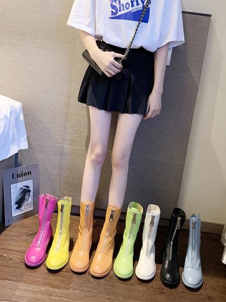 馬丁靴超火前拉鏈糖果色馬丁靴機車靴短筒靴平底鞋百搭網紅女鞋 寶貝計書