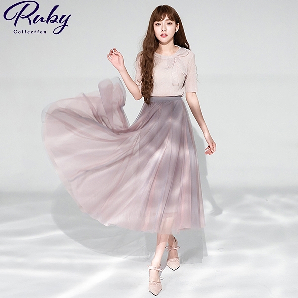 裙子 雙層撞色網紗鬆緊紗裙長裙-露比午茶