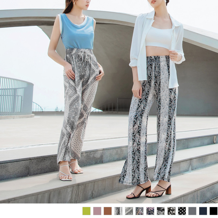 涼感．冰箱空氣紗印花腰綁帶寬褲