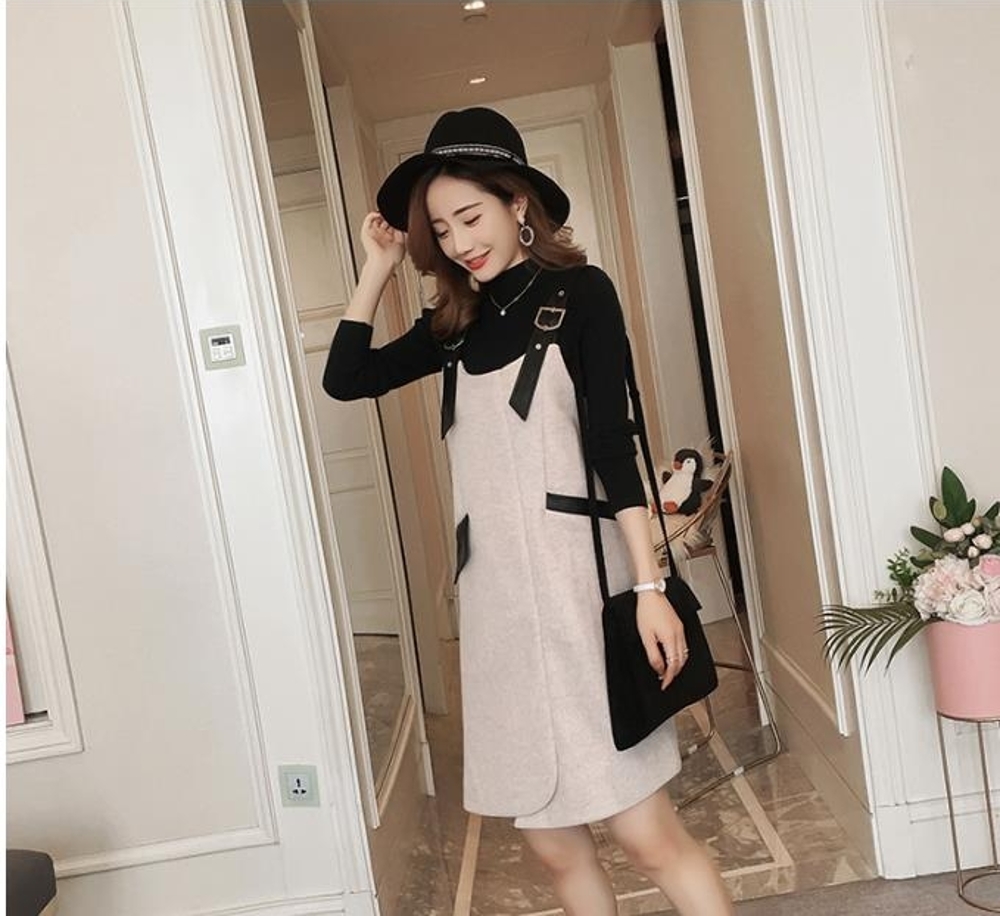 連身裙 背帶裙女兩件套韓版杏色吊帶連衣裙毛衣配裙子 瑪麗蘇