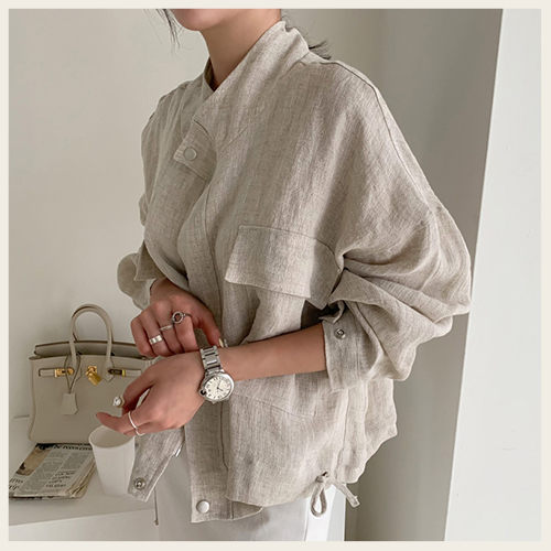 ✦Styleon✦正韓。氣質立領亞麻大口袋拉鍊外套。韓國連線。韓國空運。0710。