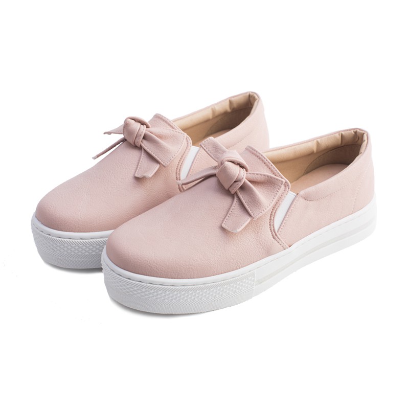 【Cute ii】MIT足弓機能真皮鞋墊甜美蝴蝶結厚底休閒鞋 粉