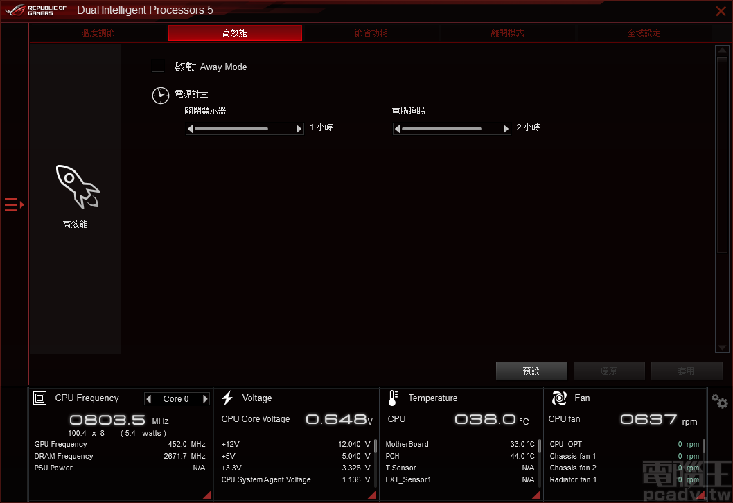EPU 頁面提供多種運作狀態設定檔，降低系統用電需求