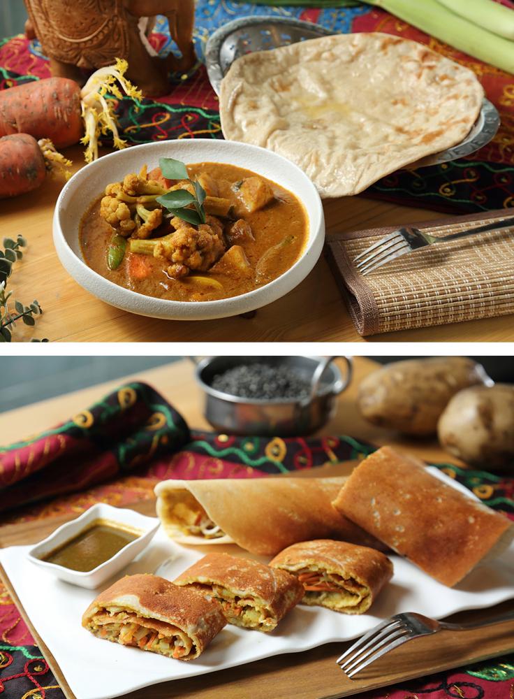 炒馬鈴薯咖哩(上)使用有機馬鈴薯和30多種香料，有機時蔬則依季節調整。特製印度豆薩(下)以印度進口的黑豆混合印度香米、台灣有機米製成餅皮，內餡為馬鈴薯醬、豆芽菜和小黃瓜。(攝影/Carter)