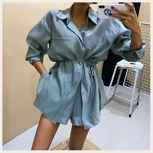 ✦Styleon✦正韓。光澤感單口袋長袖襯衫高腰短褲套裝。韓國連線。韓國空運。0814。