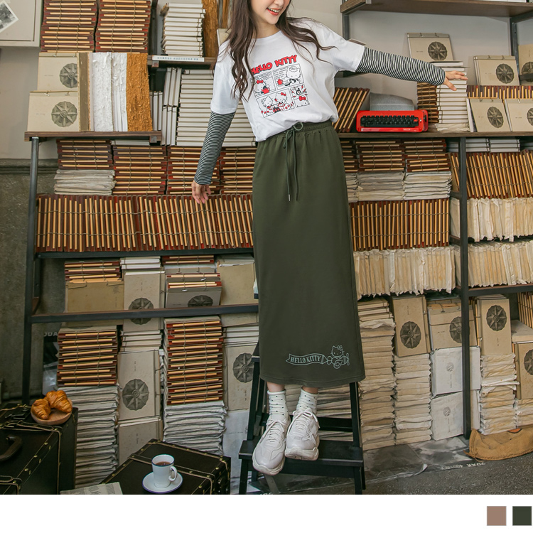 學院KITTY．純棉腰鬆緊綁帶印圖長裙