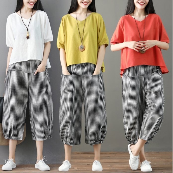 漂亮小媽咪 寬鬆上衣十寬褲 【CP9600】七分 八分 文藝 輕薄 涼爽 棉麻 縮口 寬褲 格紋