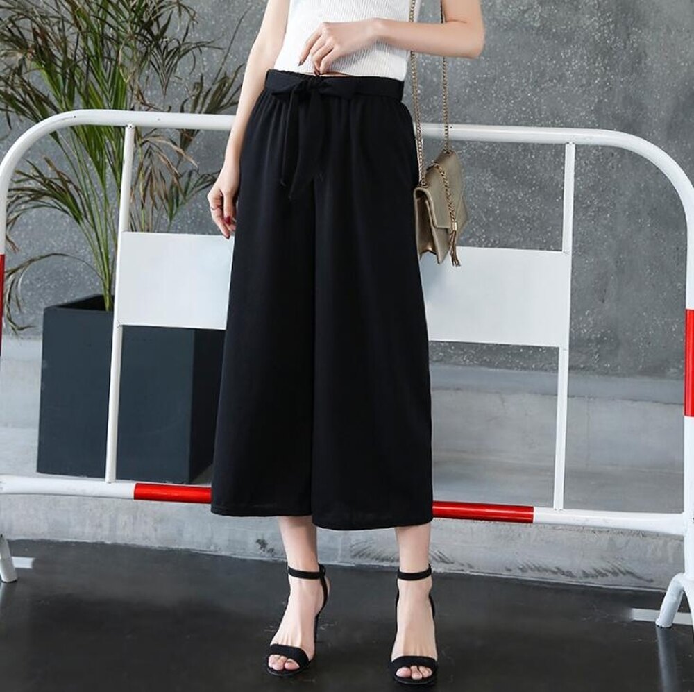 寬褲 正韓夏季新款繫帶高腰直筒條紋寬鬆九分闊腿褲時尚顯瘦休閒褲女【星時代女王】