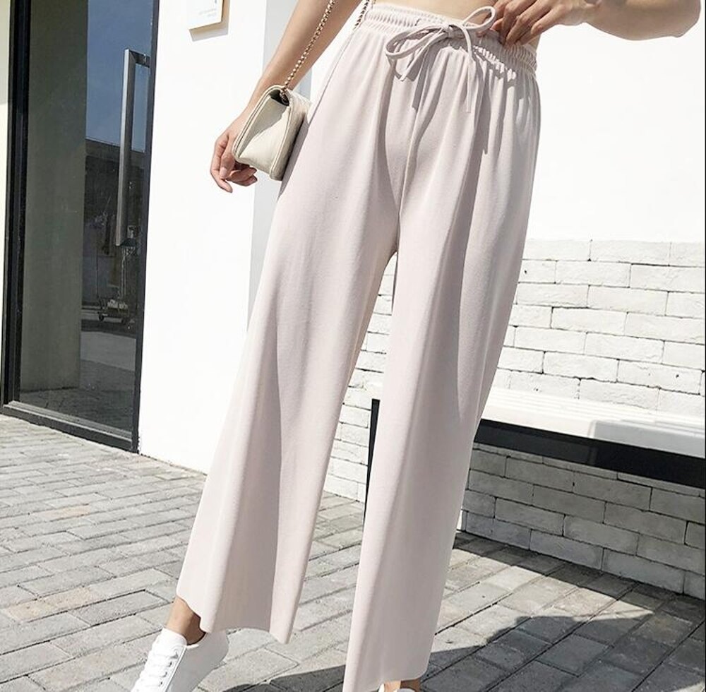 寬褲 冰絲闊腿褲女春夏薄款九分針織褲顯瘦高腰正韓垂感墜感直筒松緊腰【星時代女王】