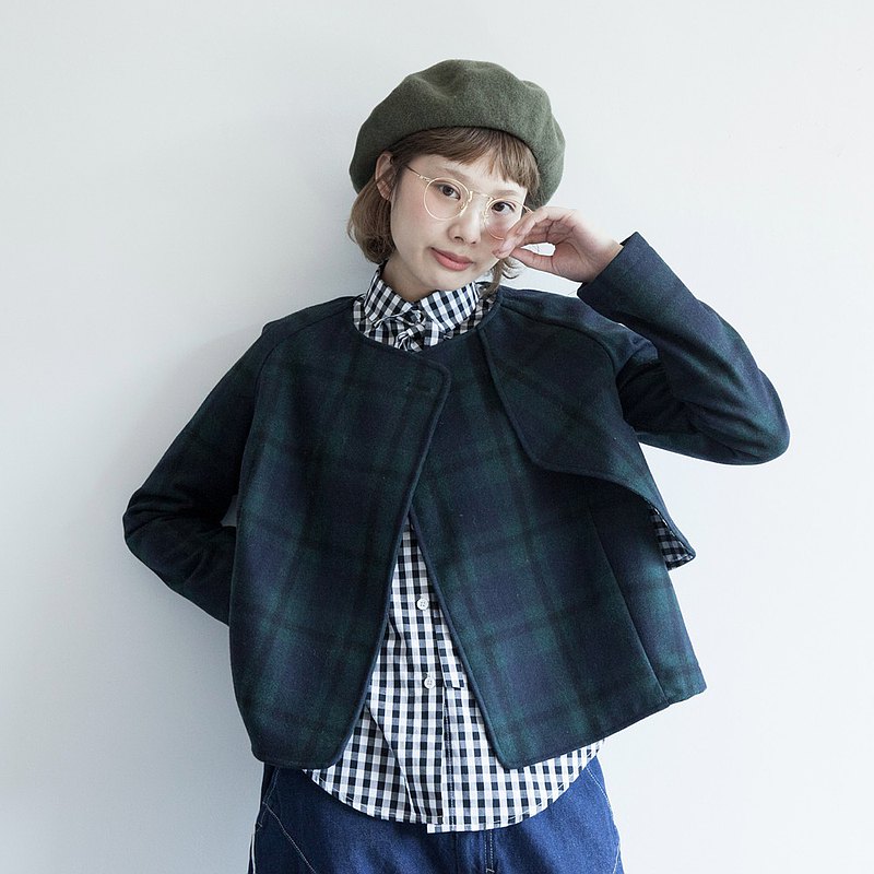 hewu和物 獨立自制女裝日系學院風毛呢短外套 蘇格蘭格子上衣復古