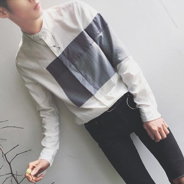 巴黎時尚 拼接襯衫 立領襯衫男長袖修身日韓潮流襯衣拼接日系休閒寸衣