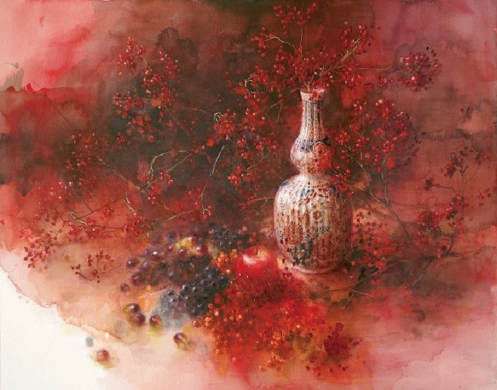 永山裕子作品「紅い実を綴る」